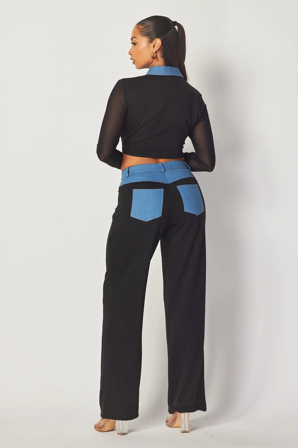Our Reneta Denim Contrast Top And Pants Set