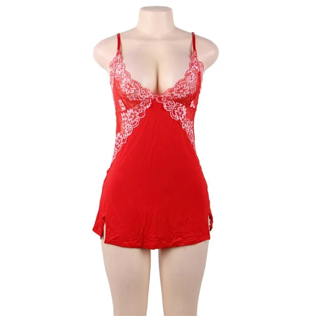 Plus Size Floral V Neck Lace Nightgown