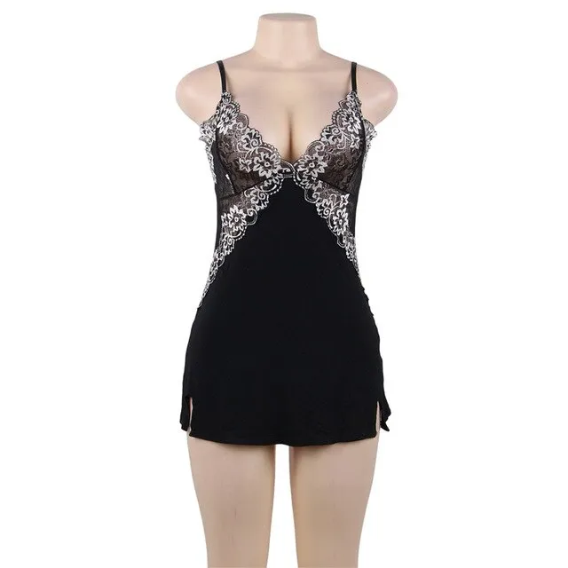 Plus Size Floral V Neck Lace Nightgown