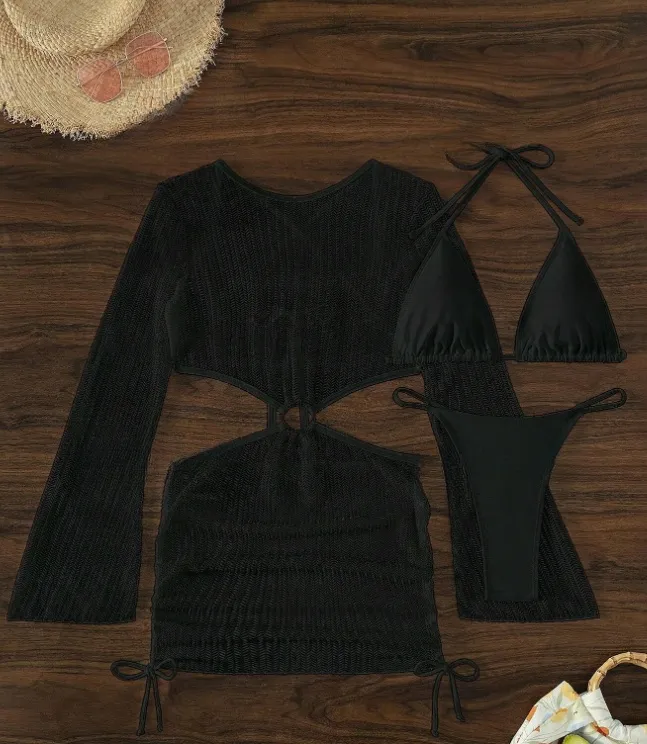 Ring Linked Cut Out Drawstring Side Bikini Swimsuit With Cover Up Black