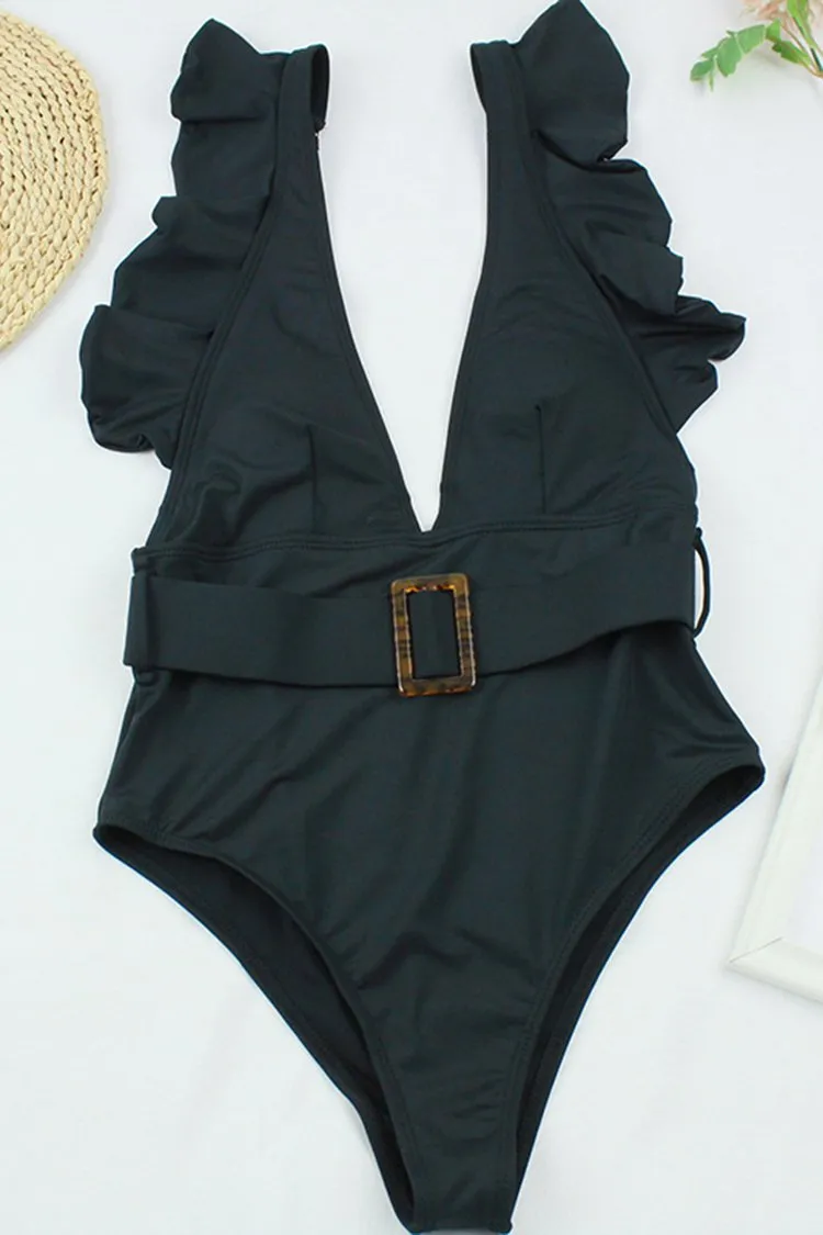 Ruffle Belted Plunge High Cut One Piece Swimsuit