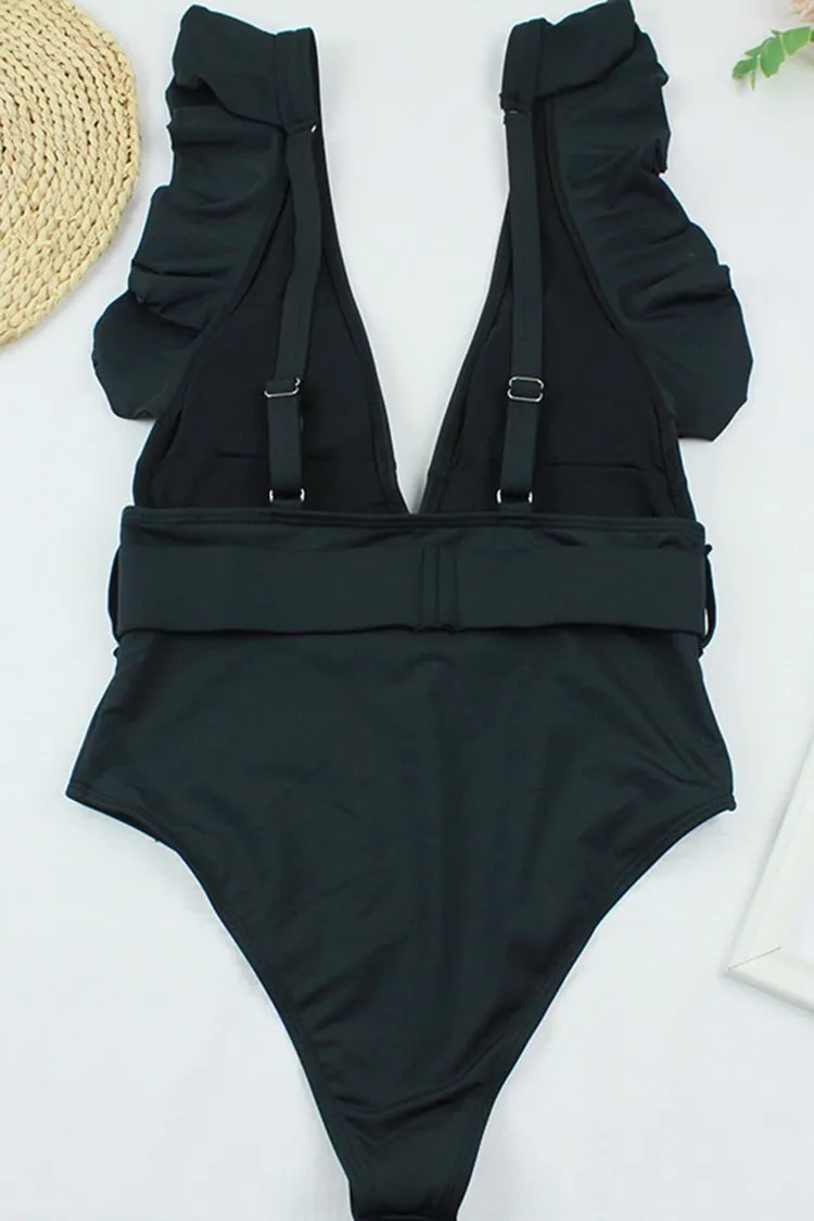 Ruffle Belted Plunge High Cut One Piece Swimsuit