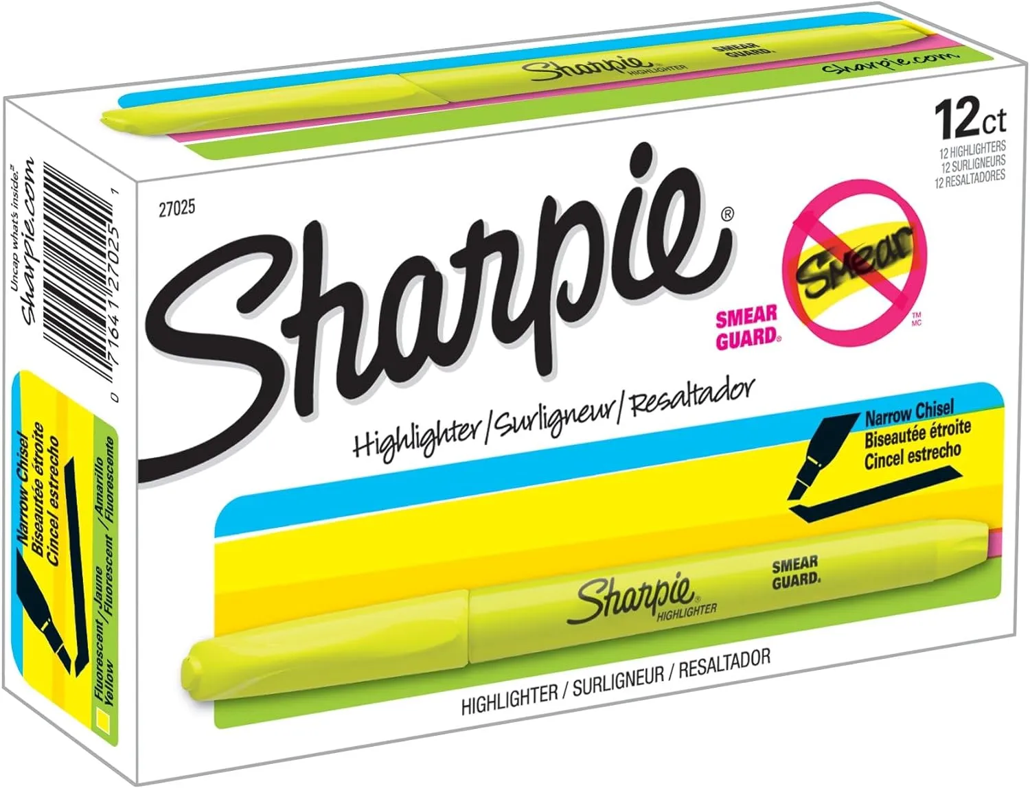 Sharpie Pocket Style Highlighters, Chisel Tip, Fluorescent Yellow, Box of 12
