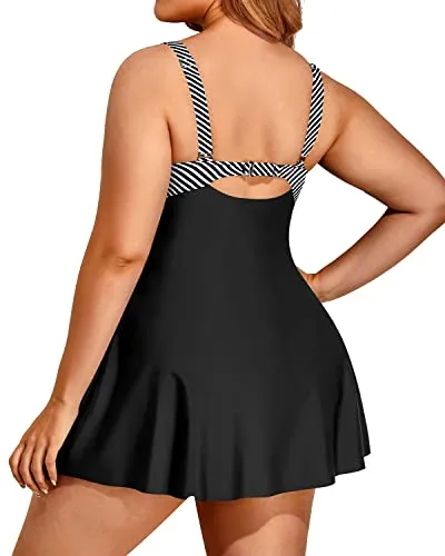 Slimming Women Tummy Control Bathing Suit Swimdress With Shorts-Black And White Stripe