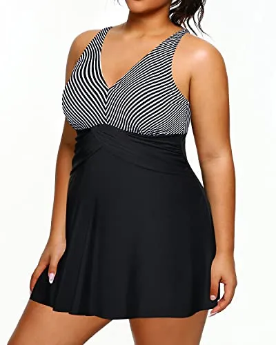 Slimming Women Tummy Control Bathing Suit Swimdress With Shorts-Black And White Stripe