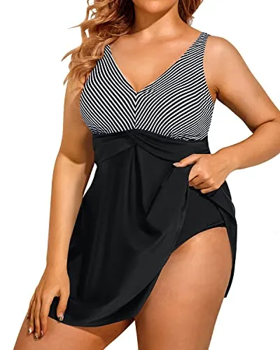 Slimming Women Tummy Control Bathing Suit Swimdress With Shorts-Black And White Stripe