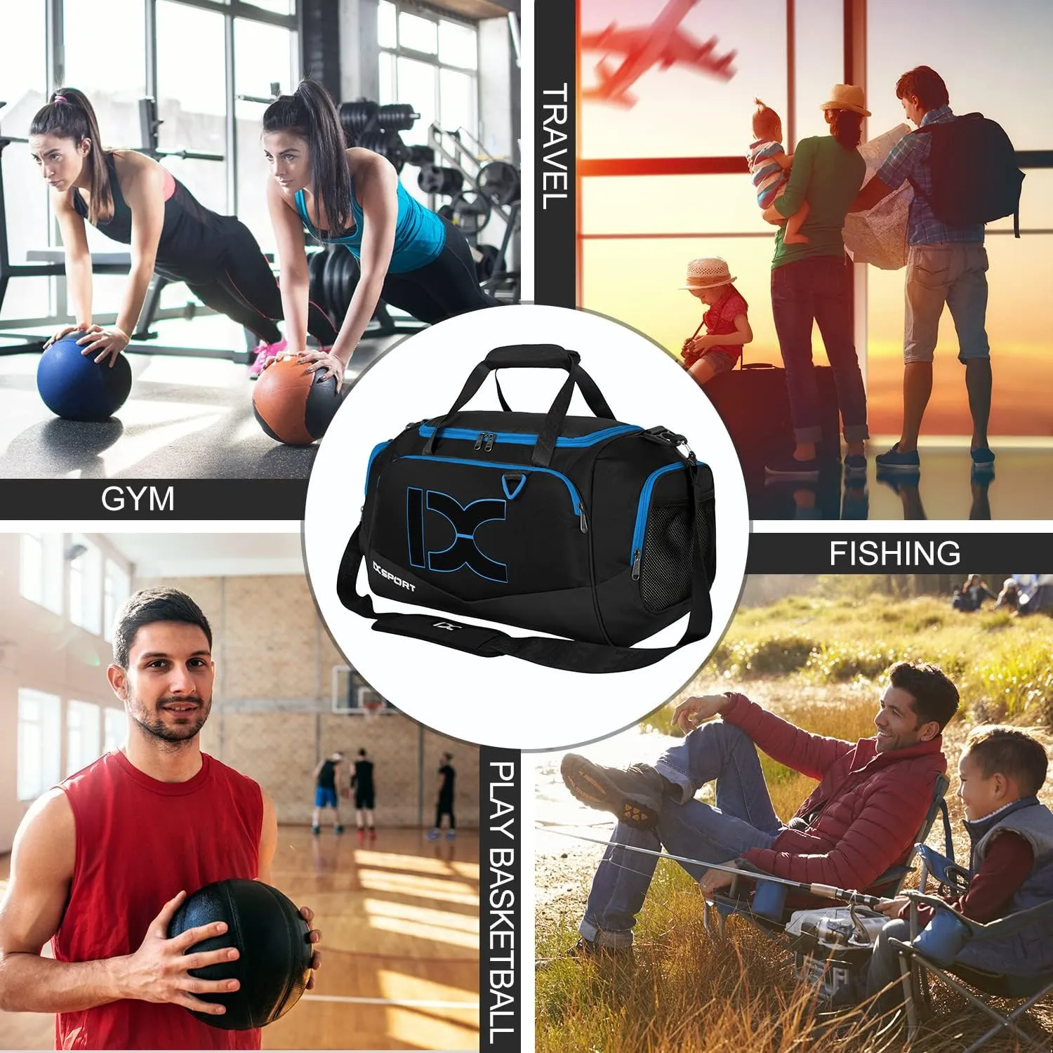 Sports Gym BagINOXTO Travel Duffel Bag with Dry Wet Pocket And Shoe CompartmentFor Women and Men40L/55L Fitness Waterproof Weekender Bag For Swim Sports Travel Working Out (Black blue, 40L)