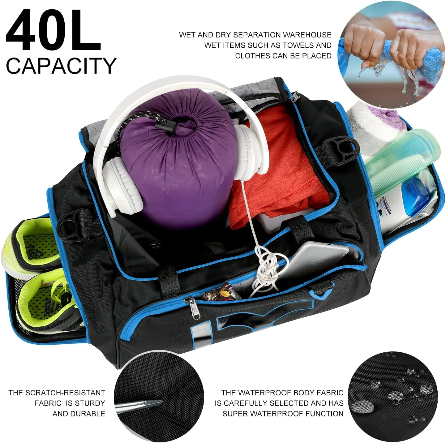Sports Gym BagINOXTO Travel Duffel Bag with Dry Wet Pocket And Shoe CompartmentFor Women and Men40L/55L Fitness Waterproof Weekender Bag For Swim Sports Travel Working Out (Black blue, 40L)