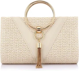 Straw Handbag Evening Bag Clutch Purses for Women, Fashion Summer Beach Tote Tassels Straw Clutch