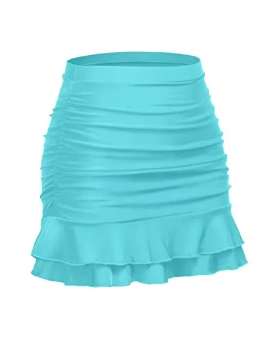 Tummy Control Bathing Suit Bottom High Waisted Ruched Swim Skirt For Women-Blue Green