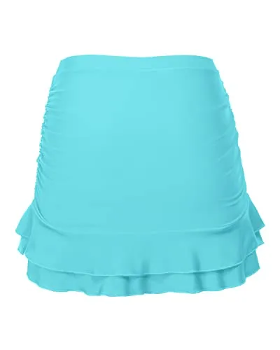 Tummy Control Bathing Suit Bottom High Waisted Ruched Swim Skirt For Women-Blue Green