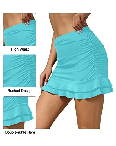 Tummy Control Bathing Suit Bottom High Waisted Ruched Swim Skirt For Women-Blue Green