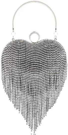 UMREN Women Luxury Heart Shape Tassel Evening Clutch Bag Rhinestones Wedding Party Purse Handbag