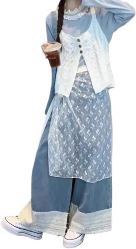 Women Lace Skirt Y2k Skirt Coverup Skirt See Through Lace Layered Skirt Mesh Stacked Wrap Skirt Korean Streetwear