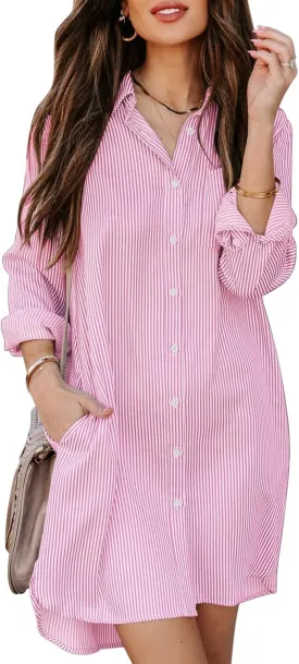 Womens Button Down Shirt Dresses with Pockets Cotton Striped Shirts Collared Tunics Long Sleeve High Low Blouse Tops