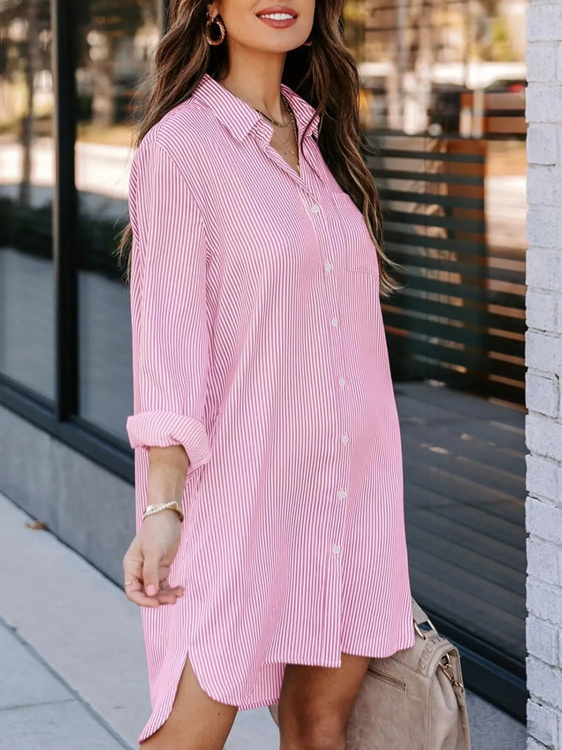 Womens Button Down Shirt Dresses with Pockets Cotton Striped Shirts Collared Tunics Long Sleeve High Low Blouse Tops
