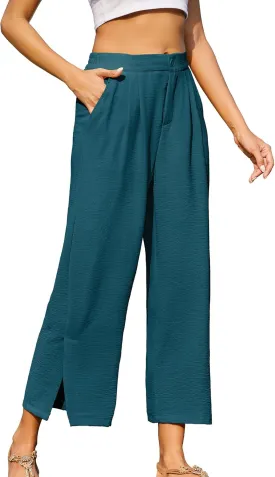 Women's Casual Wide Leg Pants Elastic High Waist Button Up Capri Palazzo Trousers with Pockets