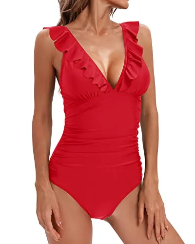 Women's Ruffled V Neck Tummy Control Bathing Suit One Piece Swimwear