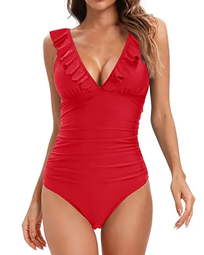 Women's Ruffled V Neck Tummy Control Bathing Suit One Piece Swimwear