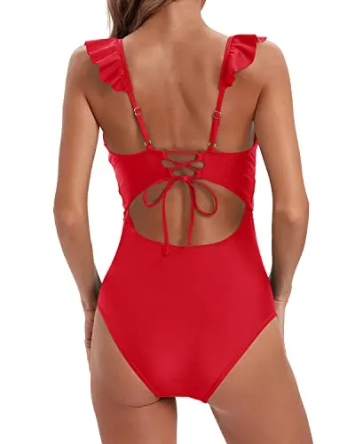 Women's Ruffled V Neck Tummy Control Bathing Suit One Piece Swimwear