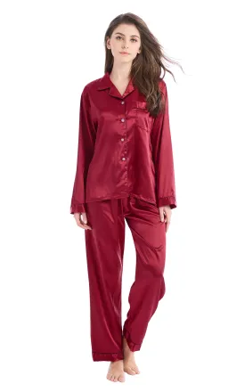 Women's Silk Satin Pajama Set Long Sleeve-Burgundy with Black Piping