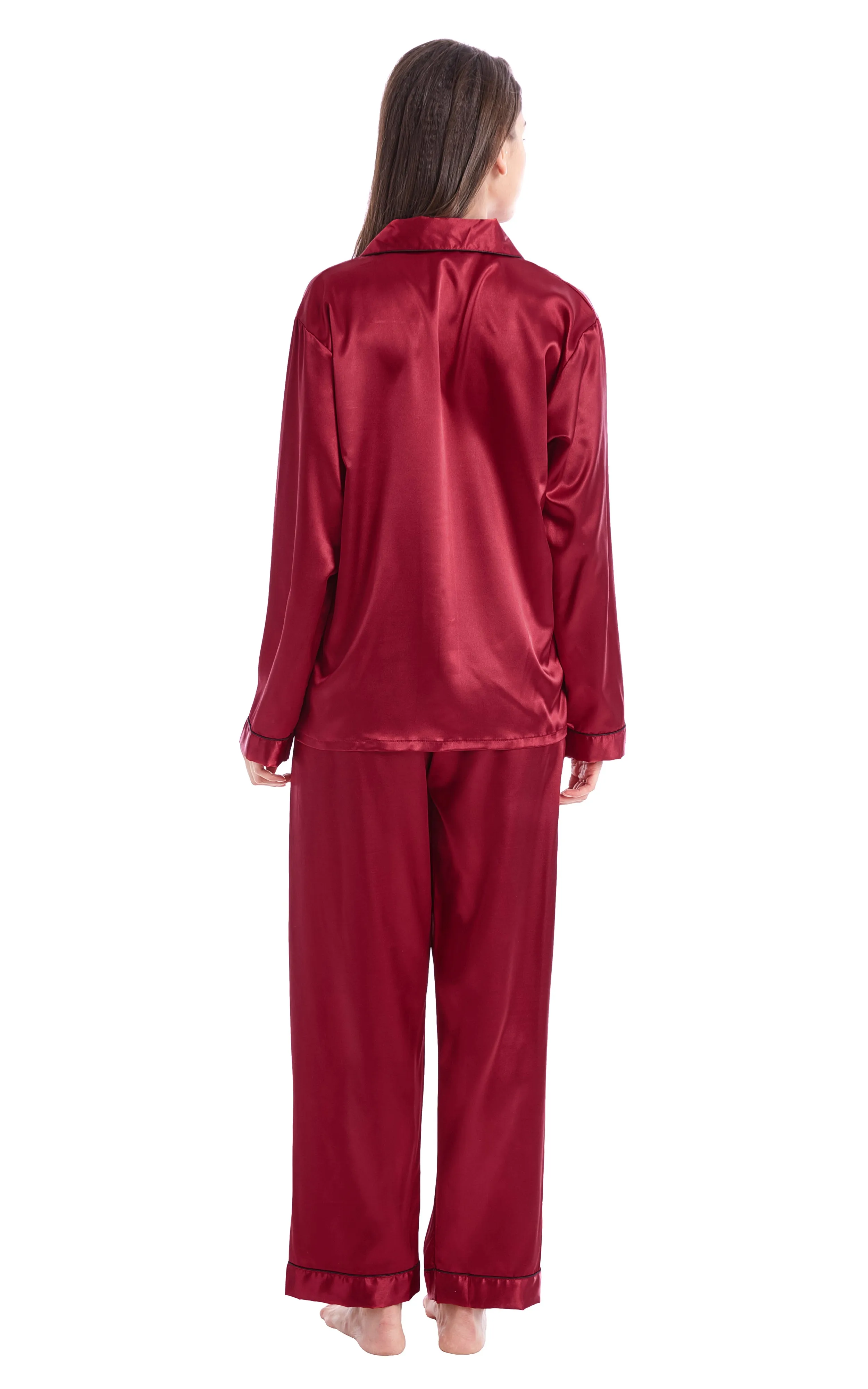 Women's Silk Satin Pajama Set Long Sleeve-Burgundy with Black Piping