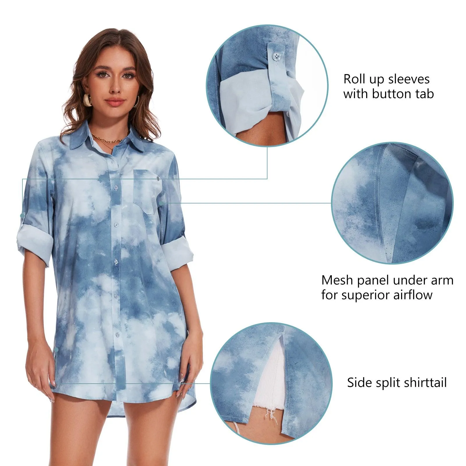 Women's UPF 50  Long Sleeve Button Down Shirt Dress LB16W