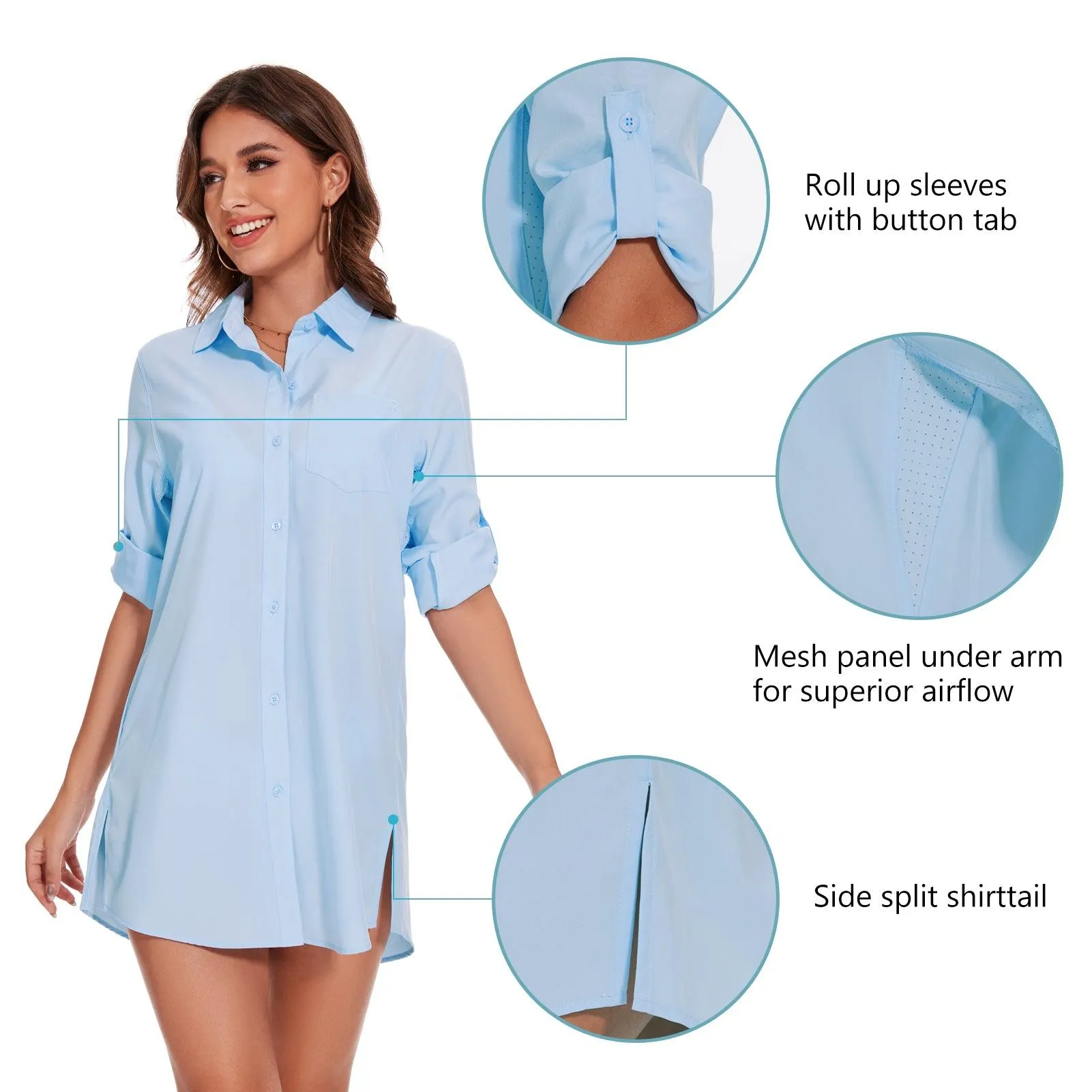 Women's UPF 50  Long Sleeve Button Down Shirt Dress LB16W