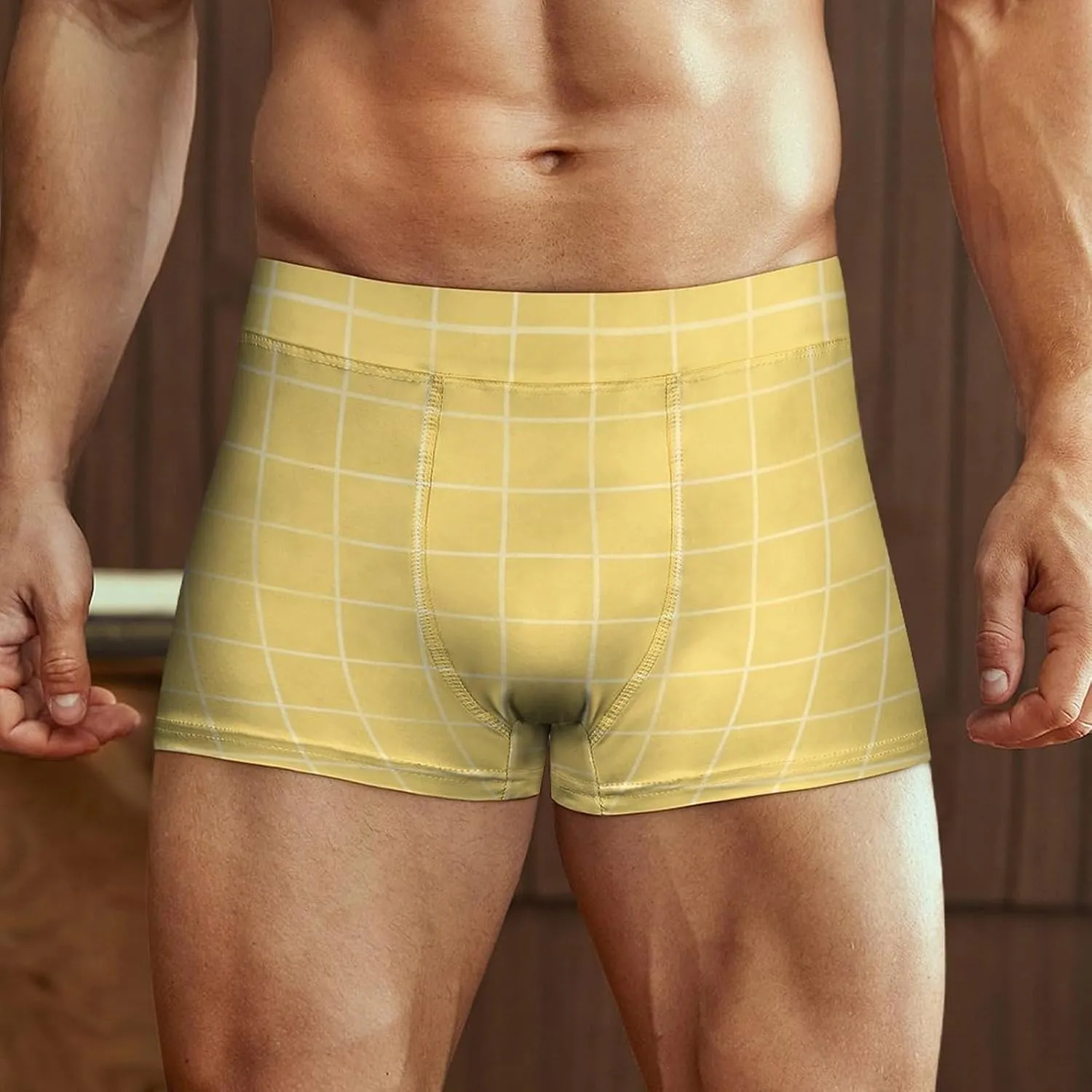Yellow Hand Drawn Grid Print Mens Underwear, Soft Boxers for Men, Moisture-Wicking Breathable Boxer Briefs