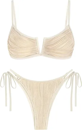ZAFUL Women's High Cut Bikini Sets Ribbed V-Wire Cami Bikini Two Piece Swimsuit
