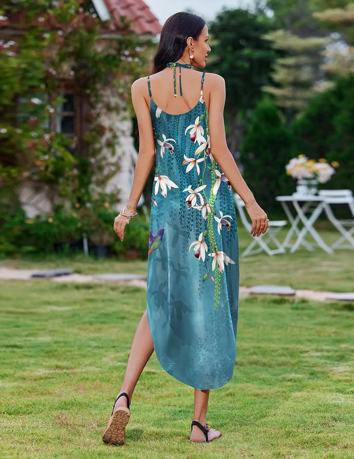 Zeagoo Women's Casual Sundress Summer Maxi Sleeveless V Neck Split Boho Beach Dress Travel Vacation Dress with Pockets