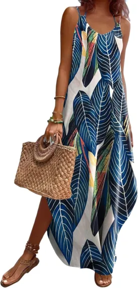 Zeagoo Women's Casual Sundress Summer Maxi Sleeveless V Neck Split Boho Beach Dress Travel Vacation Dress with Pockets