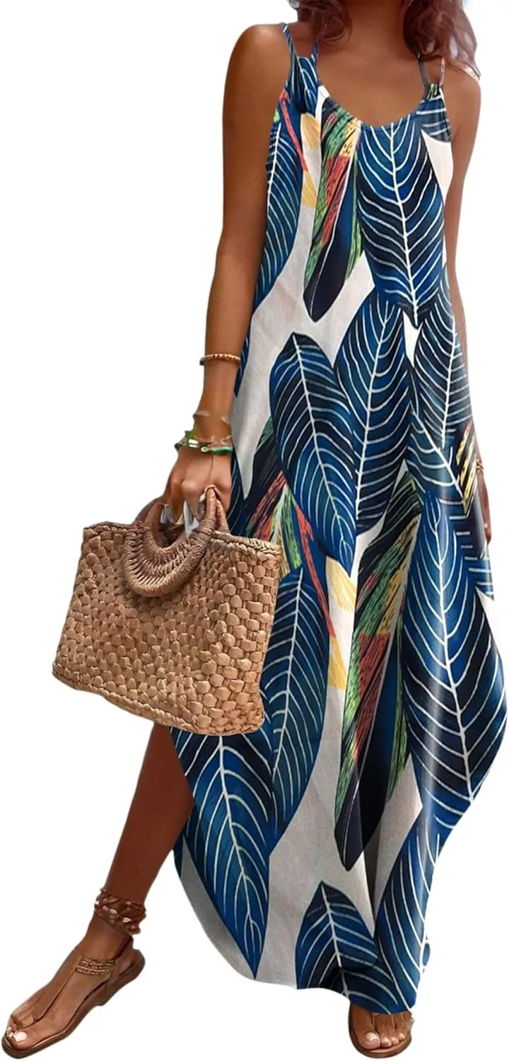 Zeagoo Women's Casual Sundress Summer Maxi Sleeveless V Neck Split Boho Beach Dress Travel Vacation Dress with Pockets