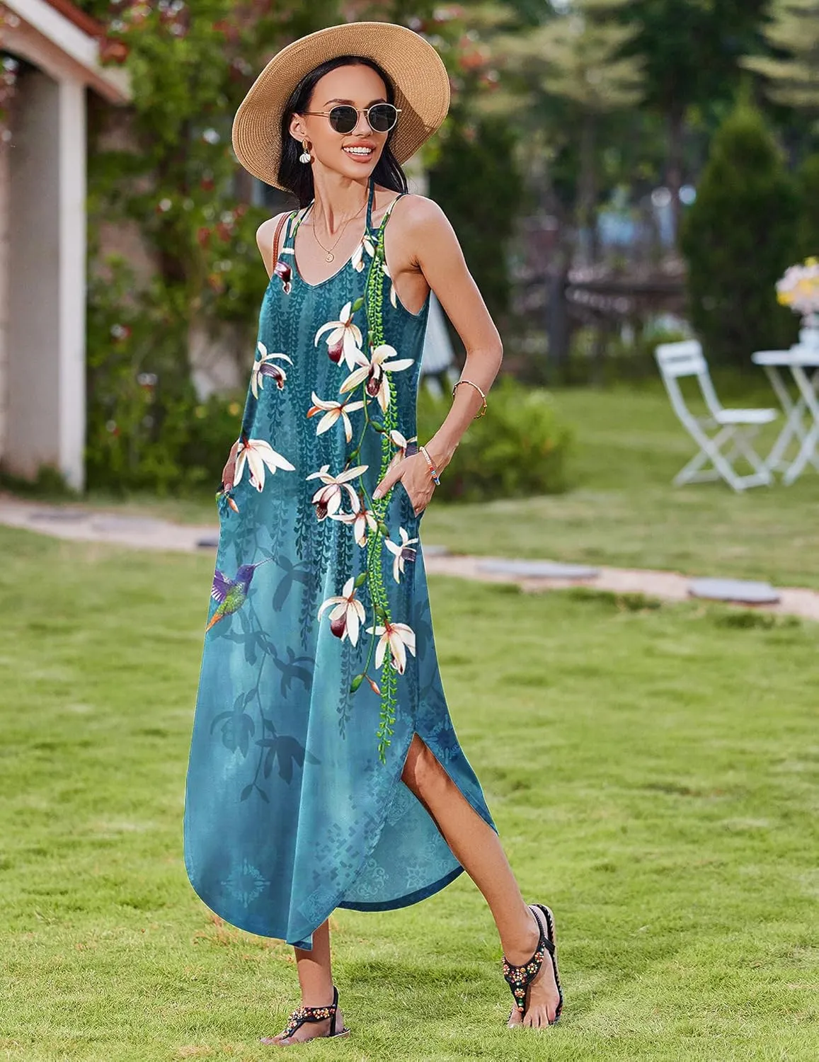 Zeagoo Women's Casual Sundress Summer Maxi Sleeveless V Neck Split Boho Beach Dress Travel Vacation Dress with Pockets