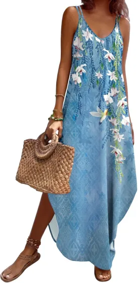 Zeagoo Women's Casual Sundress Summer Maxi Sleeveless V Neck Split Boho Beach Dress Travel Vacation Dress with Pockets